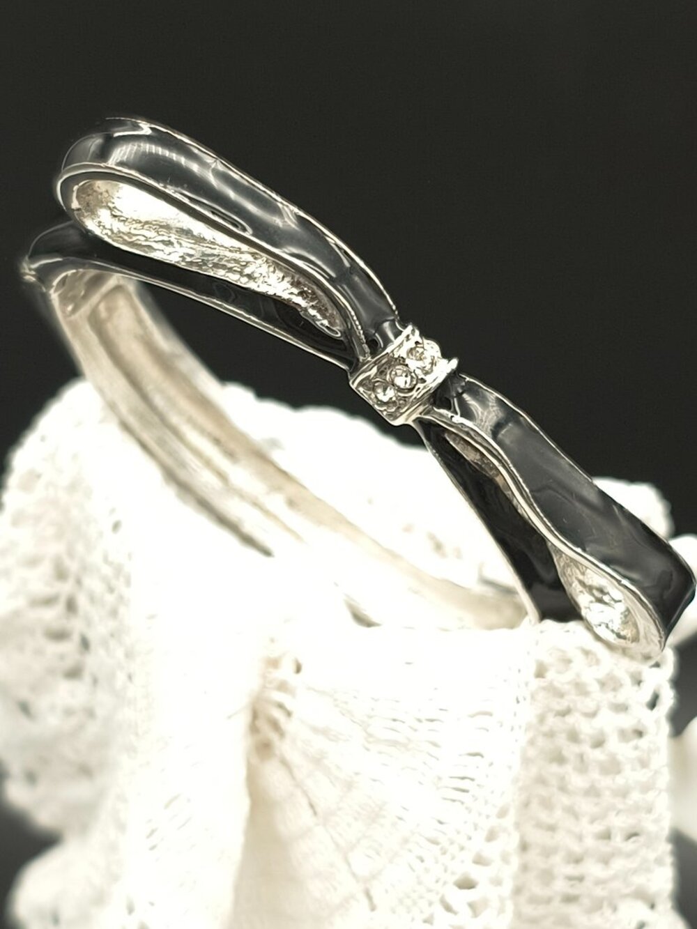 Vintage Black Bow Enamel & Rhinestone Silver Tone Bracelet